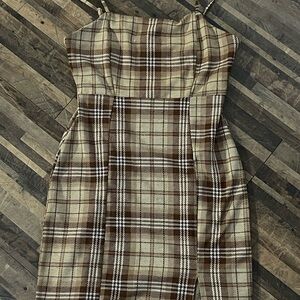 Ultra Flirt Brown and Cream Plaid Midi Dress
